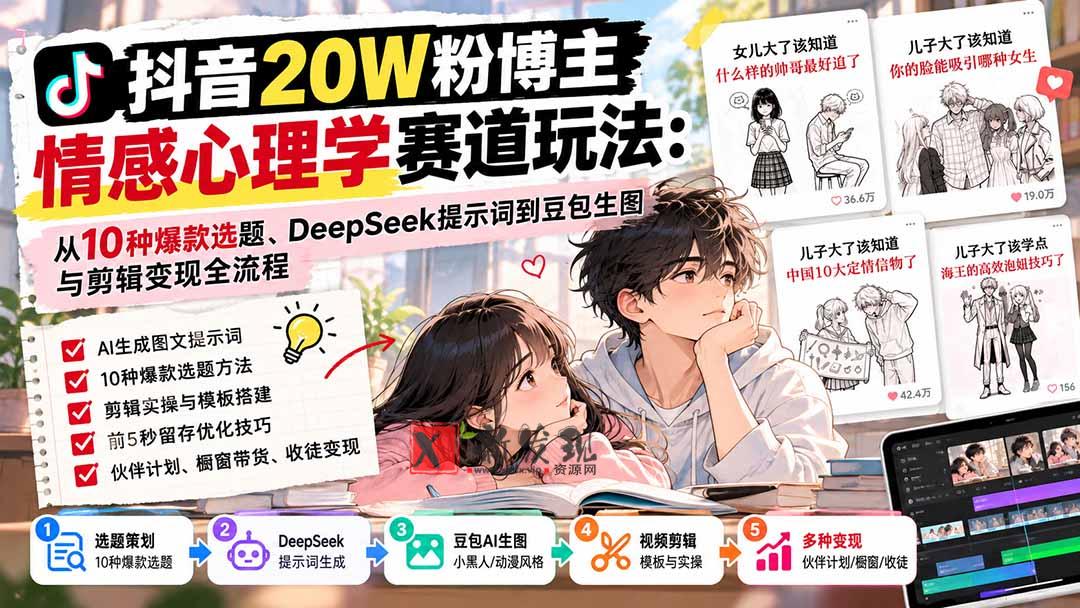 抖音20W粉博主-情感心理学赛道玩法：从10种爆款选题、DeepSeek提示词到豆包生图与剪辑变现全流程-新发现资源网
