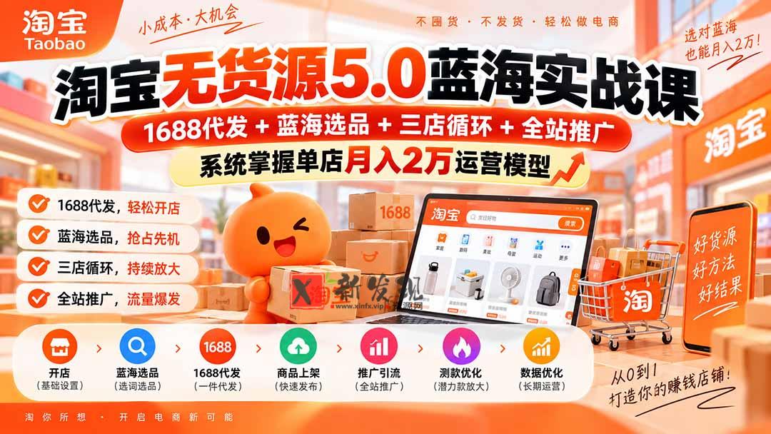 （20397期）淘宝无货源5.0蓝海实战课-更新：1688代发+蓝海选品+三店循环+全站推广，系统掌握单店月入2万运营模型-新发现资源网