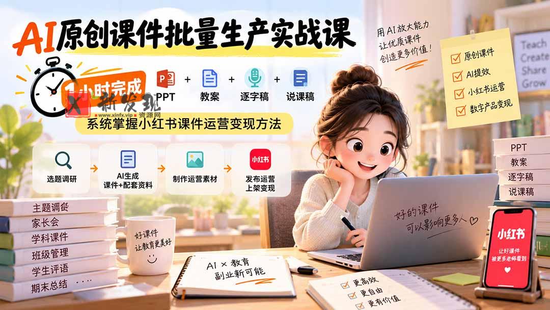 （20351期）AI原创课件批量生产实战课：1小时完成PPT+教案+逐字稿+说课稿，系统掌握小红书课件运营变现方法-新发现资源网