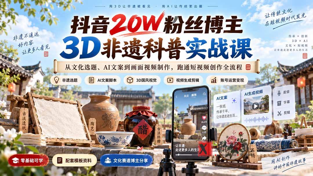 （20356期）抖音20W粉丝博主3D非遗科普实战课：从文化选题、AI文案到画面视频制作，跑通短视频创作全流程-新发现资源网