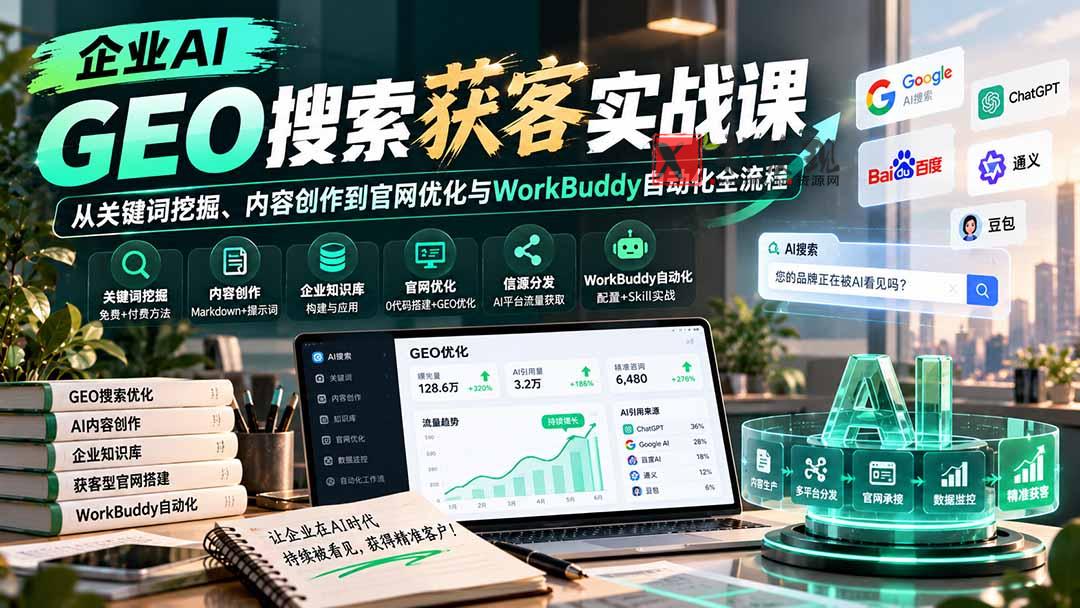企业AI GEO搜索获客实战课：从关键词挖掘、内容创作到官网优化与WorkBuddy自动化全流程-新发现资源网