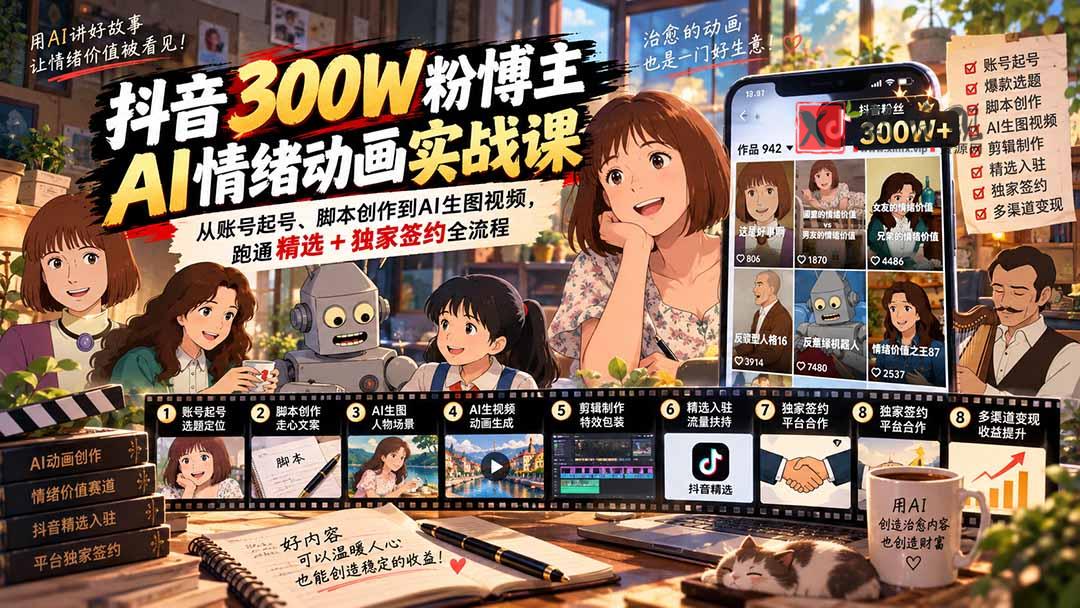 （20616期）抖音300W粉博主AI情绪动画实战课：从账号起号、脚本创作到AI生图视频，跑通精选+独家签约全流程-新发现资源网