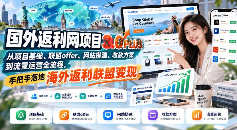 国外返利网项目3.0PLUS，从项目基础、联盟offer、网站搭建、收款方案到流量运营全流程，手把手落地海外返利联盟变现-新发现资源网
