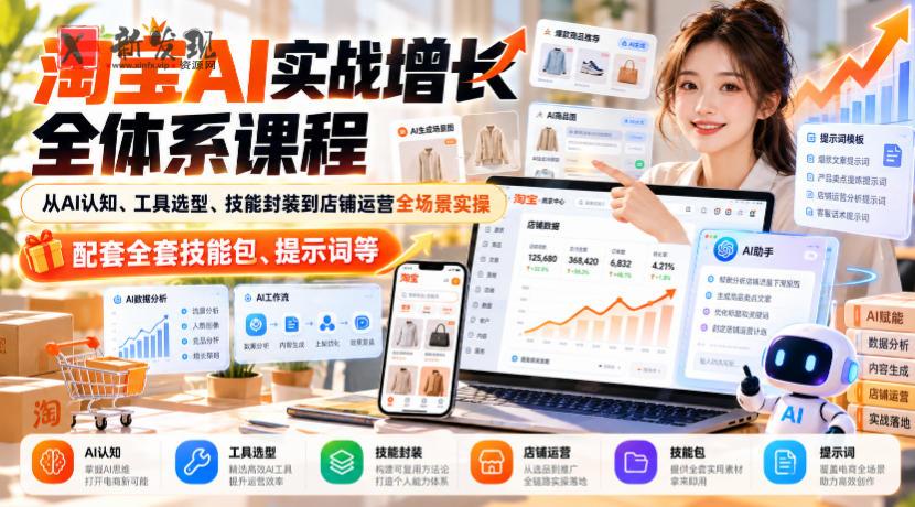 淘宝AI实战增长全体系课程，从AI认知、工具选型、技能封装到店铺运营全场景实操，配套全套技能包、提示词等-新发现资源网