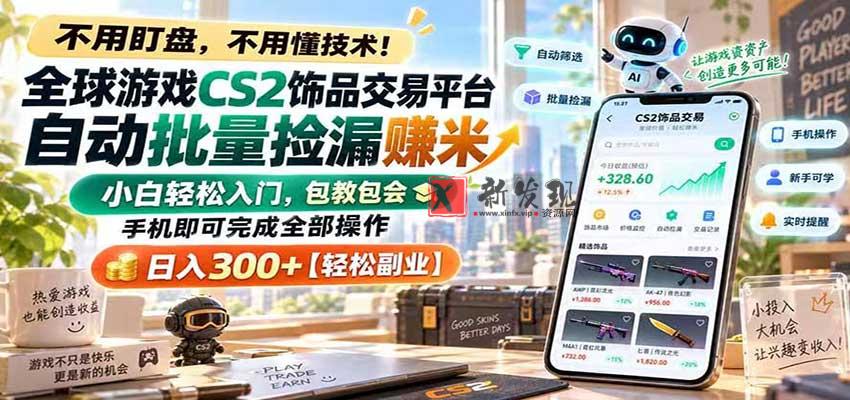 全球游戏CS2饰品交易平台自动批量捡漏赚米，手机即可完成全部操作，日入300+-新发现资源网