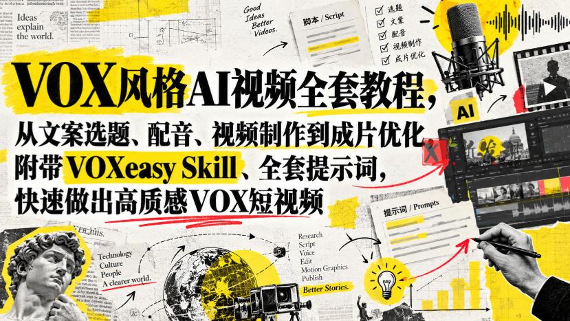 VOX风格AI视频全套教程，从文案选题、配音、视频制作到成片优化，附带VOXeasy Skill、全套提示词，快速做出高质感VOX短视频-新发现资源网