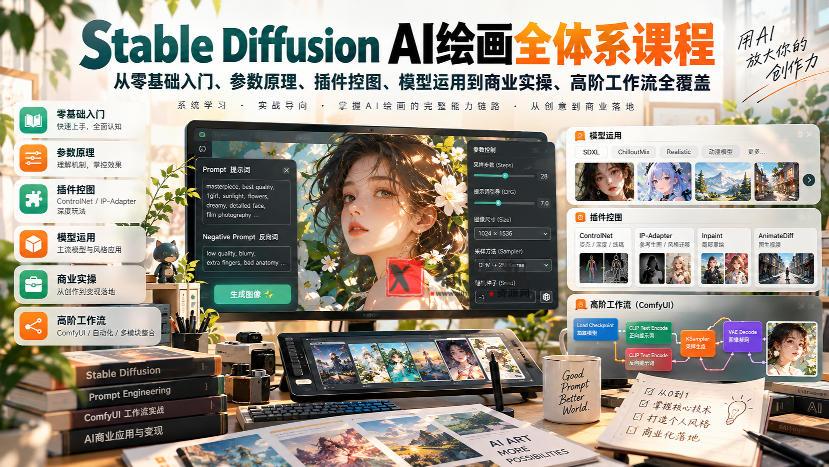 【无水印】Stable Diffusion AI绘画全体系课程，从零基础入门、参数原理、插件控图、模型运用到商业实操、高阶工作流全覆盖-新发现资源网