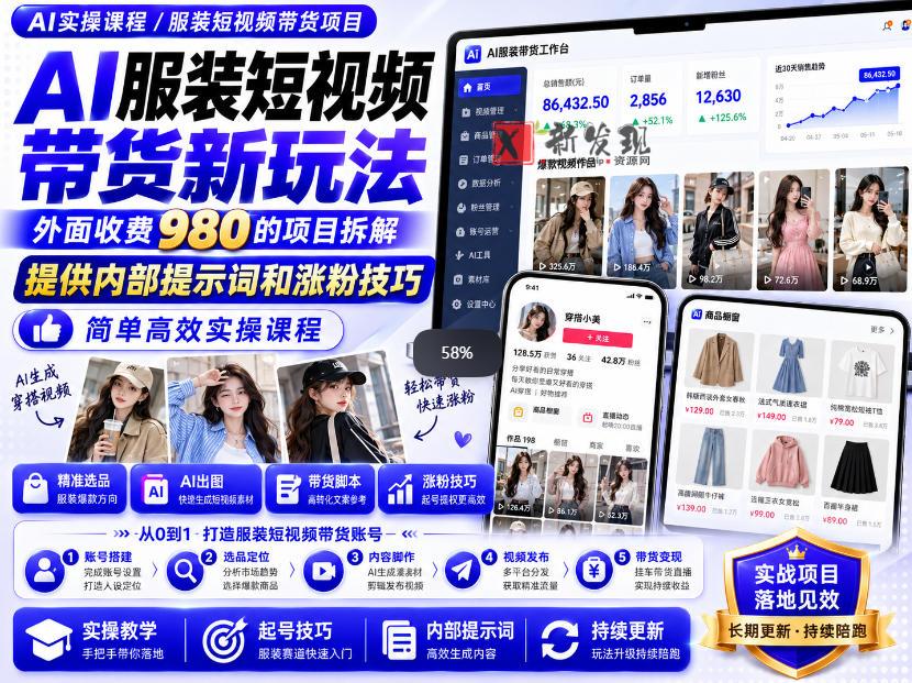 外面收费980AI快手带货系统课程，内部课程首次外放，操作简单高效，一分钟一条爆款视频-新发现资源网