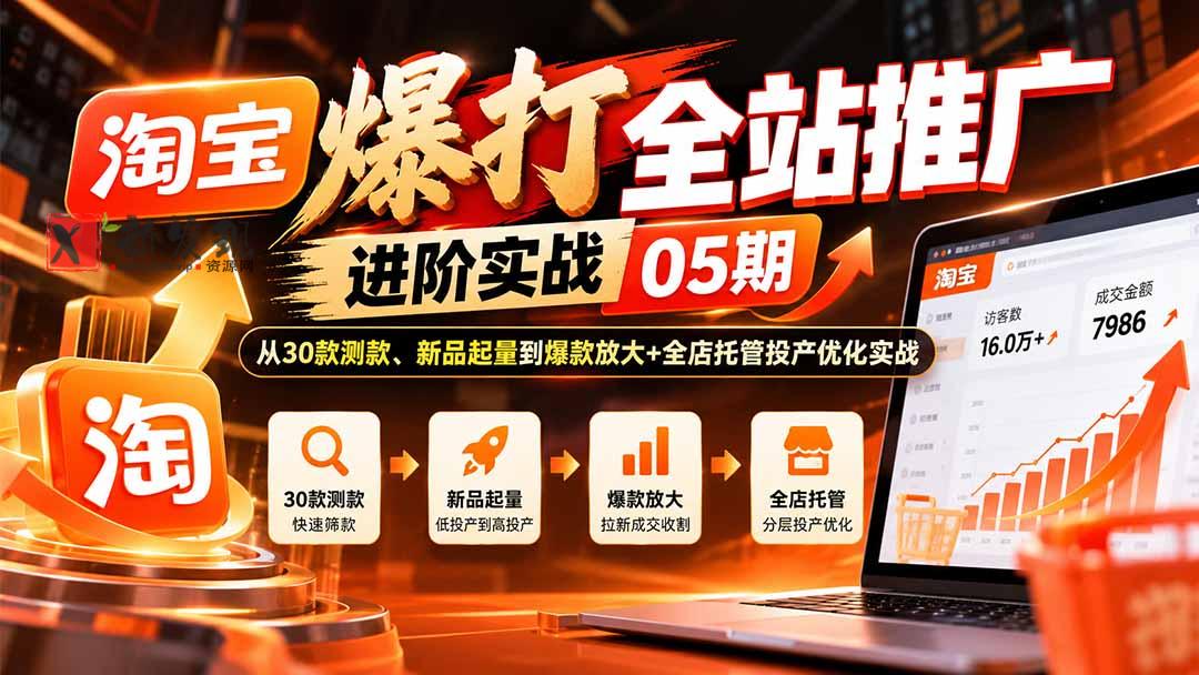 淘宝爆打全站推广进阶实战05期：从30款测款、新品起量到爆款放大+全店托管投产优化实战-新发现资源网