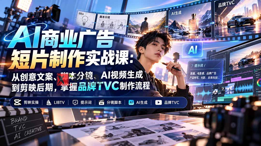 AI商业广告短片制作实战课：从创意文案、脚本分镜、AI视频生成到剪映后期，掌握品牌TVC制作流程-新发现资源网