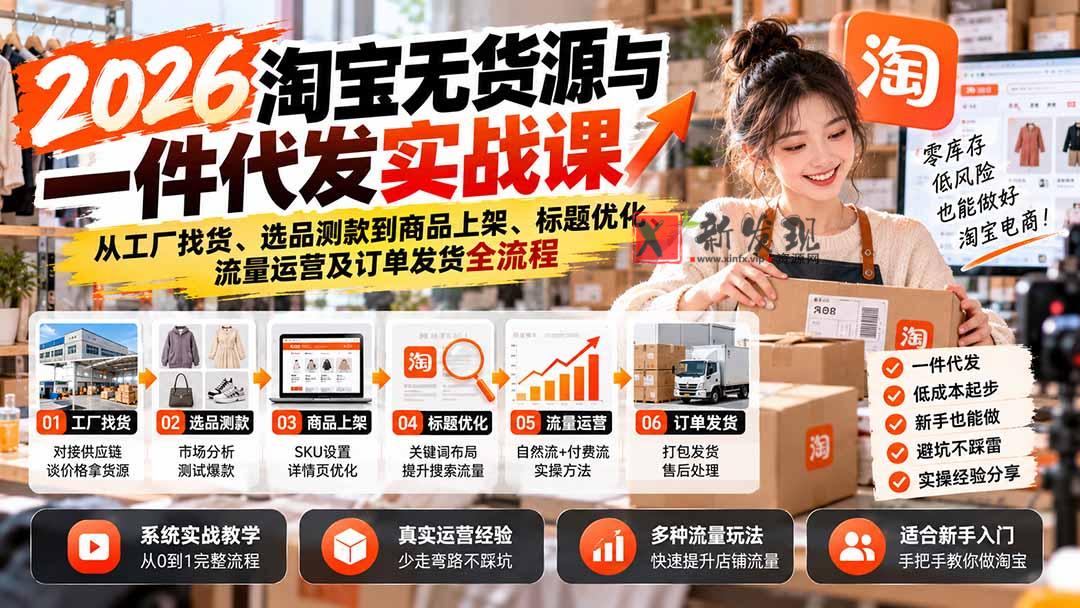 2026淘宝无货源与一件代发实战课：从工厂找货、选品测款到商品上架、标题优化、流量运营及订单发货全流程-新发现资源网