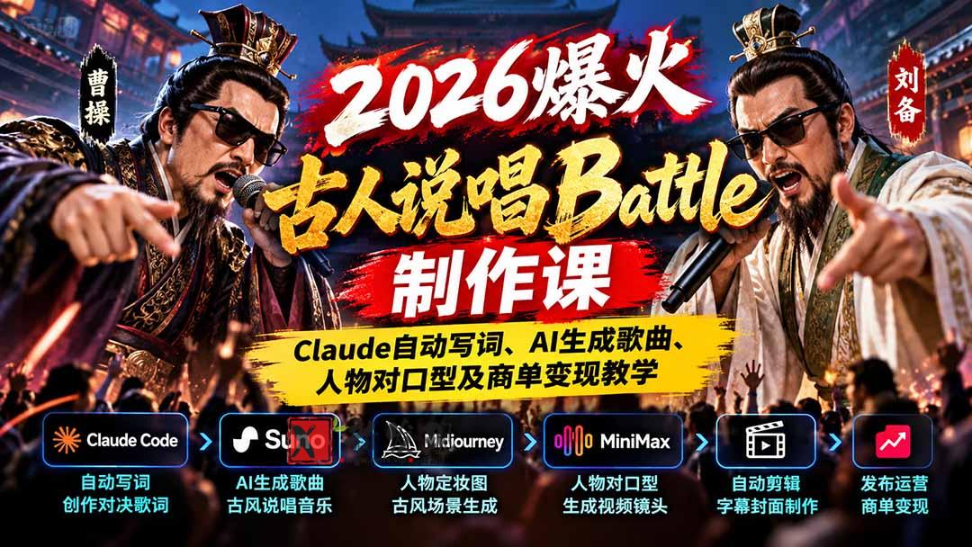 2026爆火古人说唱Battle制作课：Claude自动写词、AI生成歌曲、人物对口型及商单变现教学-新发现资源网