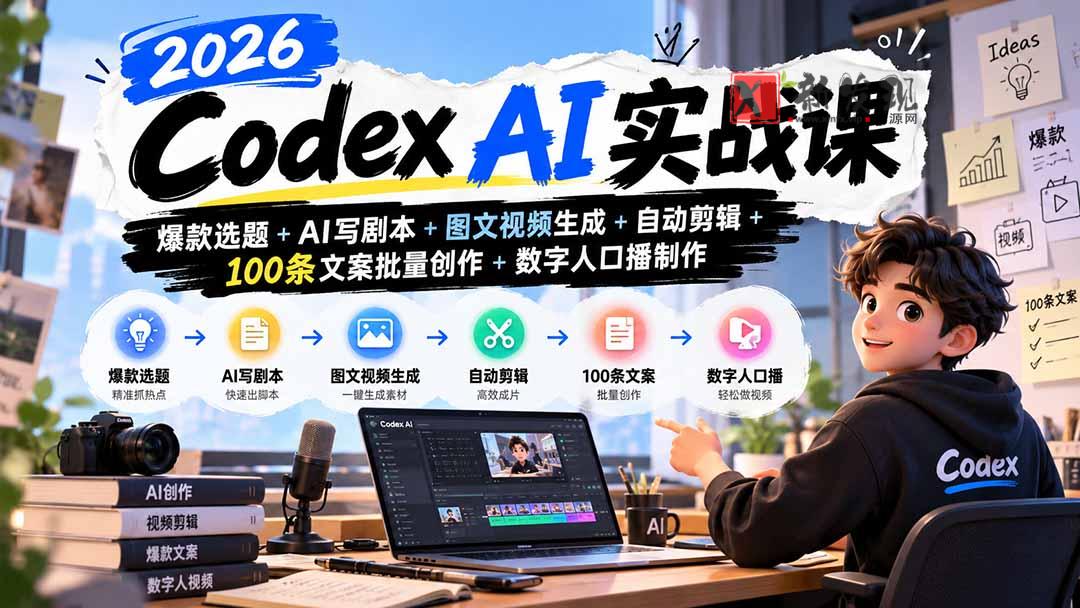 2026Codex AI实战课：爆款选题+AI写剧本+图文视频生成+自动剪辑+100条文案批量创作+数字人口播制作-新发现资源网