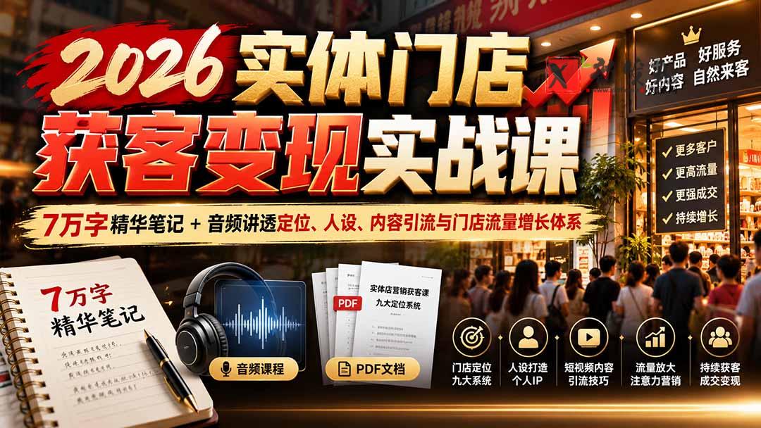 2026实体门店获客变现实战课：7万字精华笔记+音频讲透定位、人设、内容引流与门店流量增长体系-新发现资源网