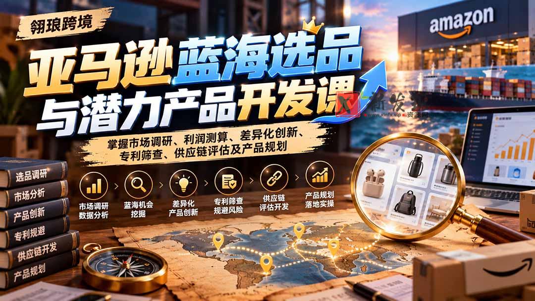 亚马逊蓝海选品与潜力产品开发课：掌握市场调研、利润测算、差异化创新、专利筛查、供应链评估及产品规划-新发现资源网