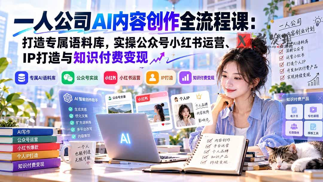 一人公司AI内容创作全流程课：打造专属语料库，实操公众号小红书运营、IP打造与知识付费变现方法论-新发现资源网