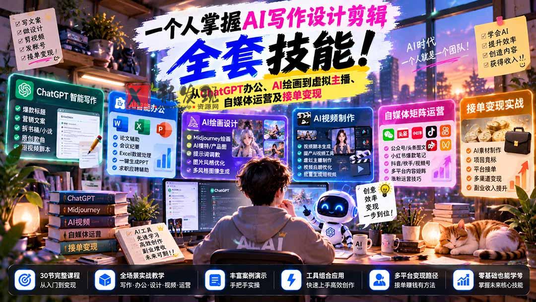 一个人掌握AI写作设计剪辑全套技能：从ChatGPT办公、AI绘画到虚拟主播、自媒体运营及接单变现-新发现资源网