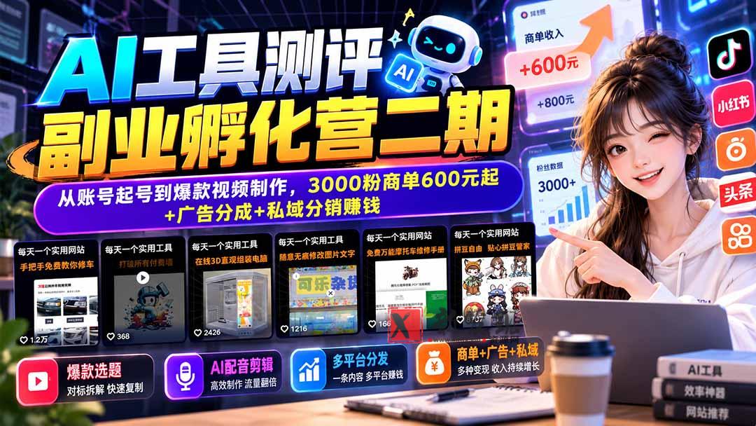 AI工具测评副业孵化营二期：从账号起号到爆款视频制作，3000粉商单600元起+广告分成+私域分销赚钱-新发现资源网