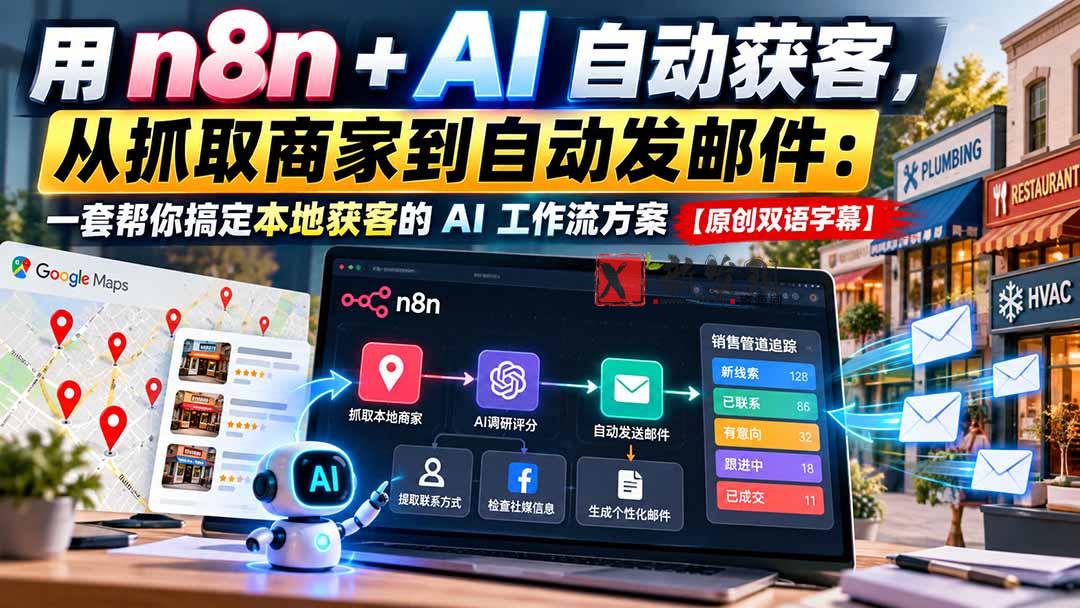 用 n8n + AI 自动获客，从抓取商家到自动发邮件：一套帮你搞定本地获客的 AI 工作流方案【原创双语字幕】-新发现资源网
