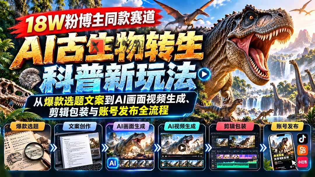 18W粉博主同款赛道-AI古生物转生科普新玩法：从爆款选题文案到AI画面视频生成、剪辑包装与账号发布全流程-新发现资源网