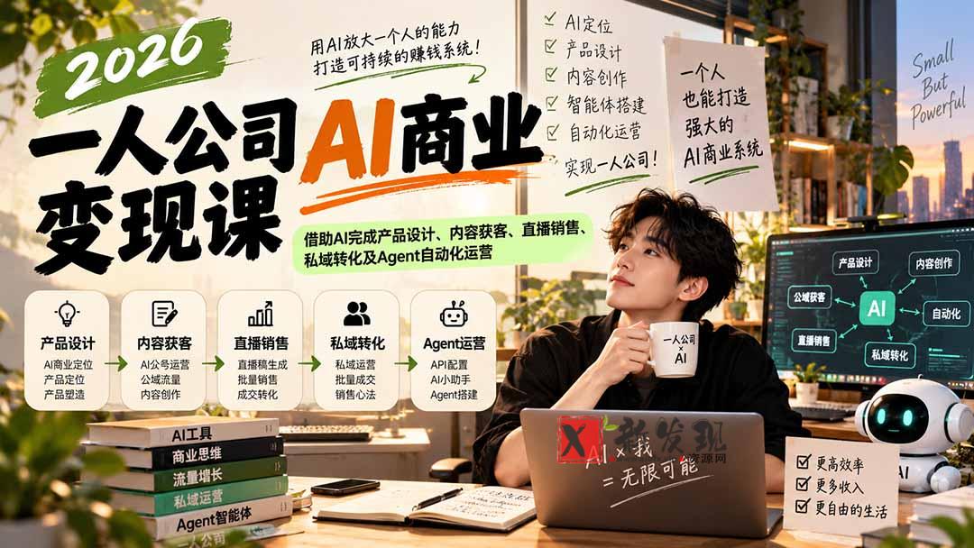2026一人公司AI商业变现课：借助AI完成产品设计、内容获客、直播销售、私域转化及Agent自动化运营-新发现资源网