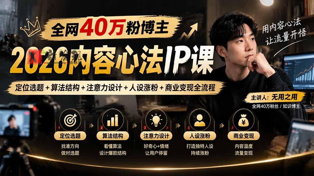 全网40万粉博主-2026内容心法IP课：定位选题+算法结构+注意力设计+人设涨粉+商业变现全流程-新发现资源网