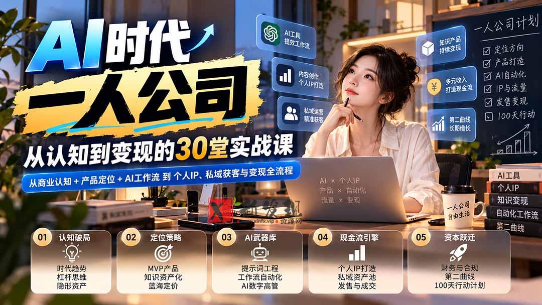 【无水印】AI时代一人公司30堂实战课：从商业认知+产品定位+AI工作流到个人IP、私域获客与变现全流程-新发现资源网