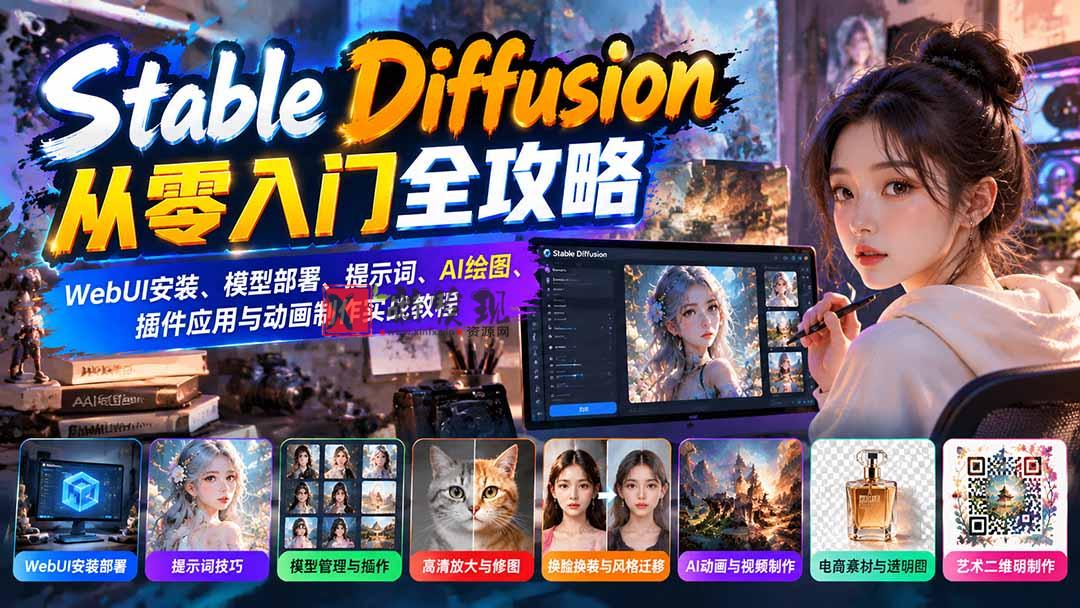 Stable Diffusion从零入门全攻略：WebUI安装、模型部署、提示词、AI绘图、插件应用与动画制作实战教程-新发现资源网