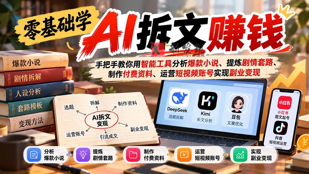 零基础学AI拆文赚钱：手把手教你用智能工具分析爆款小说、提炼剧情套路、制作付费资料、运营短视频账号实现副业变现-新发现资源网