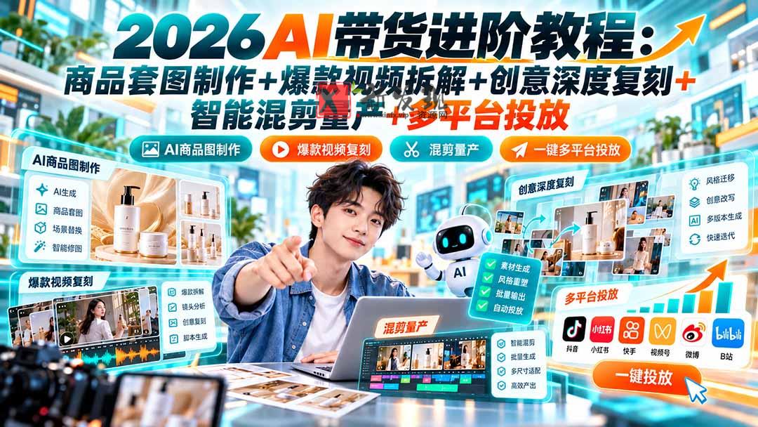 2026AI带货进阶教程：商品套图制作+爆款视频拆解+创意深度复刻+智能混剪量产+多平台投放-新发现资源网