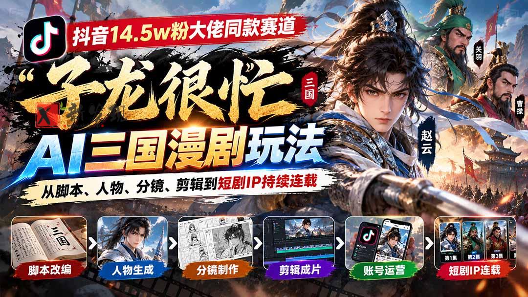 抖音14.5w粉大佬同款赛道「子龙很忙」AI三国漫剧玩法：从脚本、人物、分镜、剪辑到短剧IP持续连载-新发现资源网