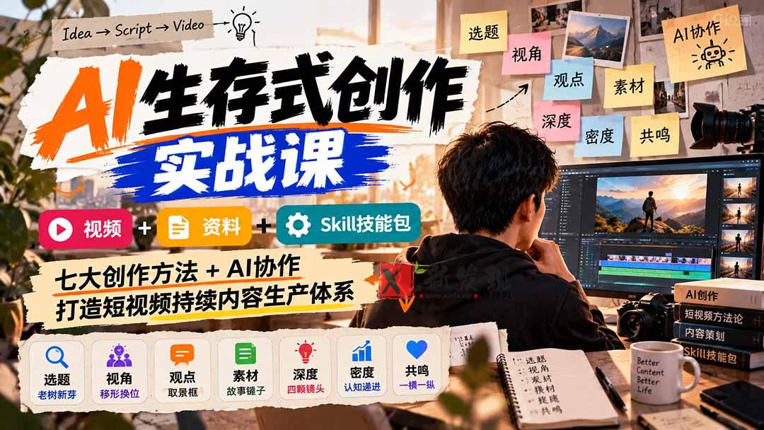 AI生存式创作实战课：视频+资料+Skill技能包，七大创作方法+AI协作，打造短视频持续内容生产体系-新发现资源网