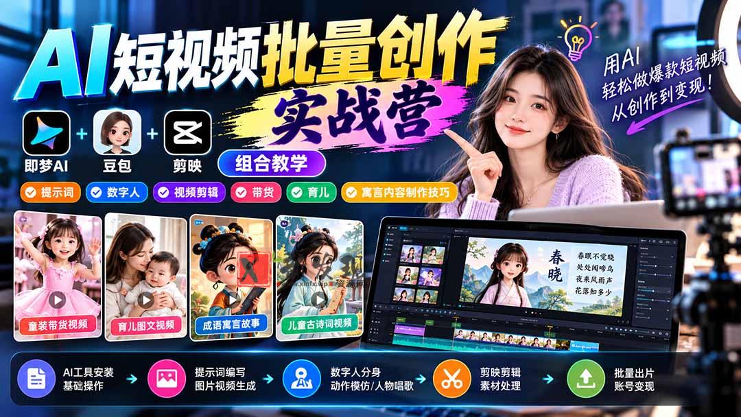 【无水印】AI短视频批量创作实战营：即梦+豆包+剪映组合教学，提示词/数字人/视频剪辑/带货/育儿/寓言内容制作技巧-新发现资源网