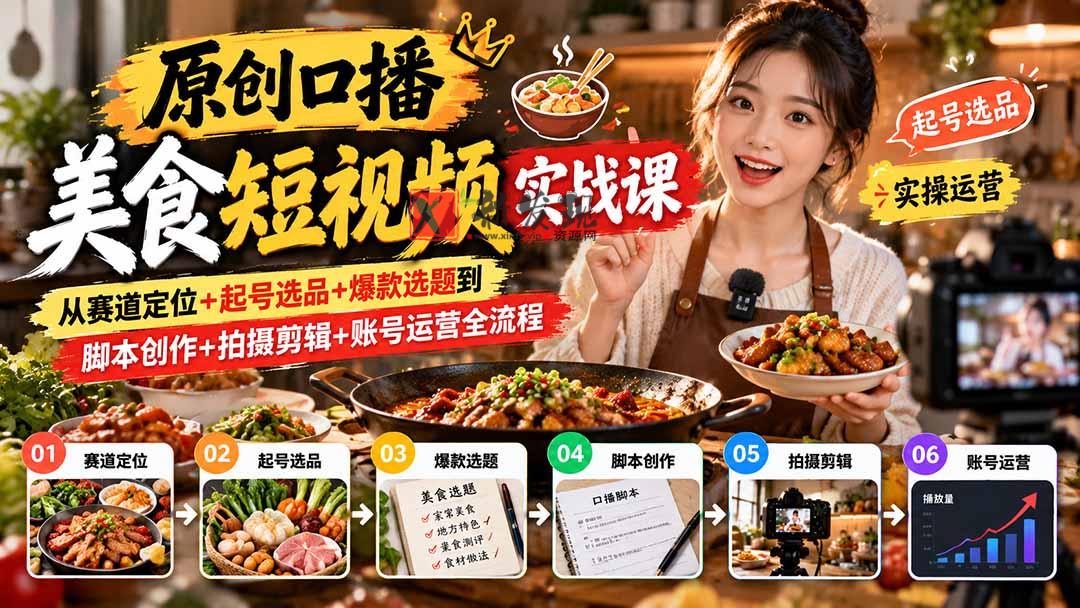 原创口播美食短视频实战课：从赛道定位+起号选品+爆款选题到脚本创作+拍摄剪辑+账号运营全流程-新发现资源网