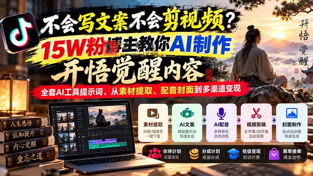 不会写文案不会剪视频？15W粉博主教你AI制作开悟觉醒内容，全套AI工具提示词、从素材提取、配音封面到多渠道变现-新发现资源网