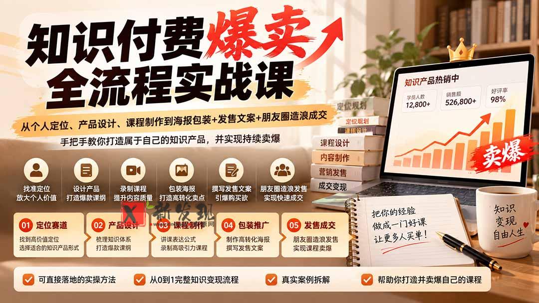 【无水印】知识付费爆卖全流程实战课：从个人定位、产品设计、课程制作到海报包装+发售文案+朋友圈造浪成交-新发现资源网