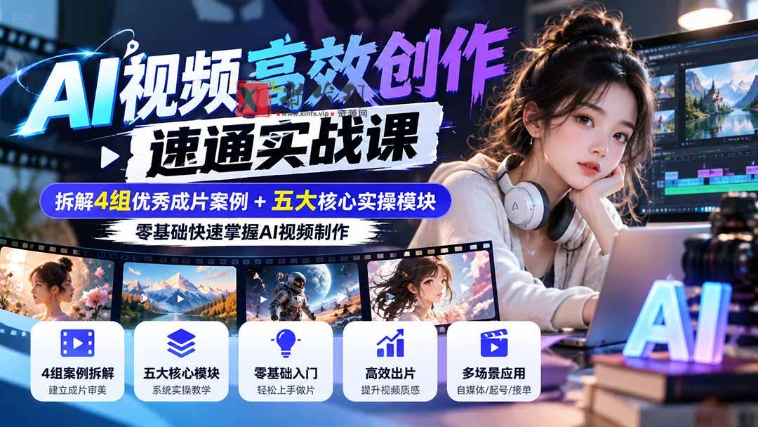 【无水印】AI视频高效创作速通实战课：拆解4组优秀成片案例+五大核心实操模块，零基础快速掌握AI视频制作-新发现资源网