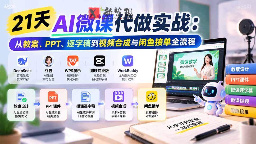 21天AI微课代做实战：从教案、PPT、逐字稿到视频合成与闲鱼接单全流程-新发现资源网