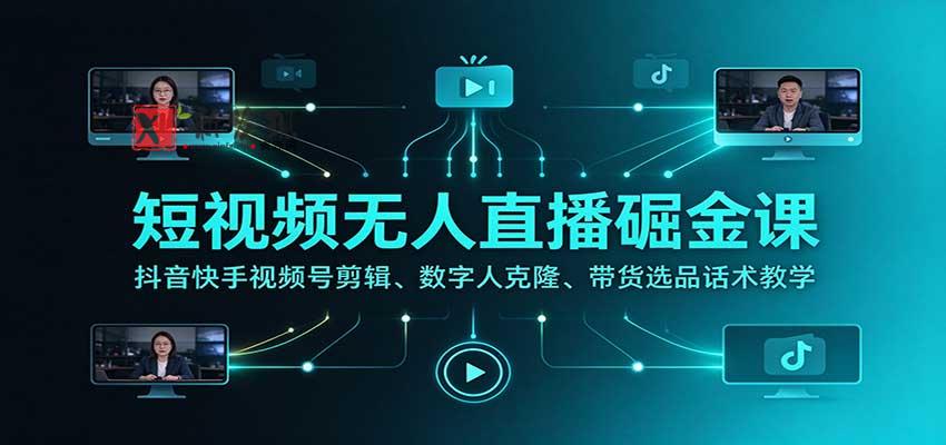 短视频无人直播掘金课：抖音快手视频号剪辑、数字人克隆、带货选品话术教学-新发现资源网