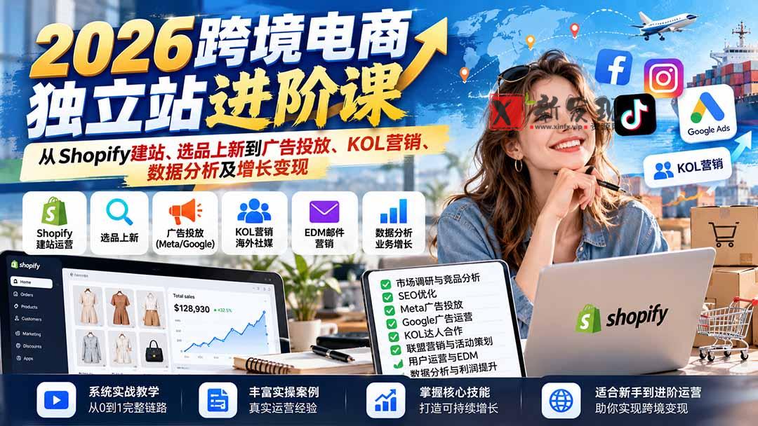 2026跨境电商独立站进阶课：从Shopify建站、选品上新到广告投放、KOL营销、数据分析及增长变现-新发现资源网