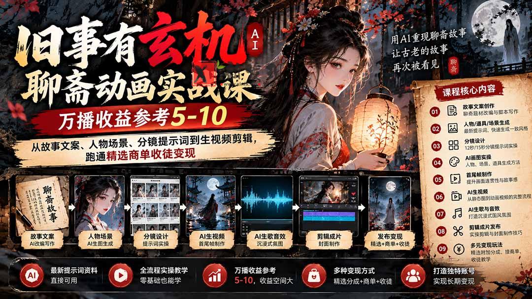 旧事有玄机AI聊斋动画实战9月新课：万播收益参考5-10，从故事文案、人物场景到分镜生视频，跑通精选商单收徒-新发现资源网