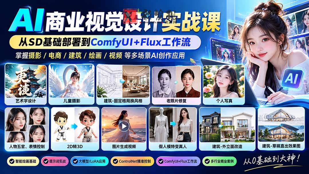 【无水印】AI商业视觉设计实战课：从SD基础部署到ComfyUI+Flux工作流，掌握摄影电商建筑AI创作-新发现资源网