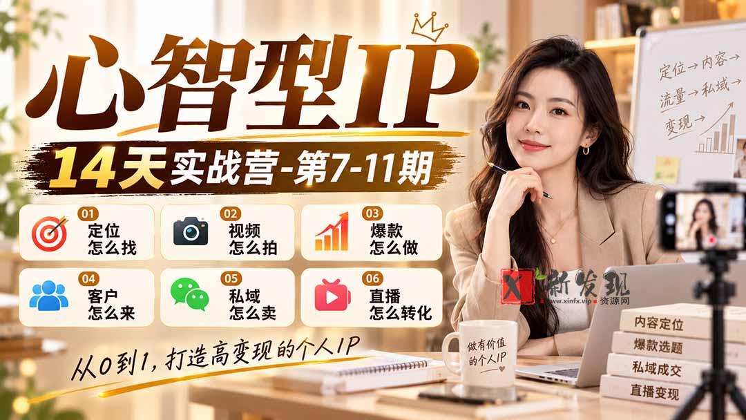 【无水印】心智型IP14天实战营-第7-11期：定位怎么找/视频怎么拍/爆款怎么做/客户怎么来/私域怎么卖/直播怎么转化-新发现资源网