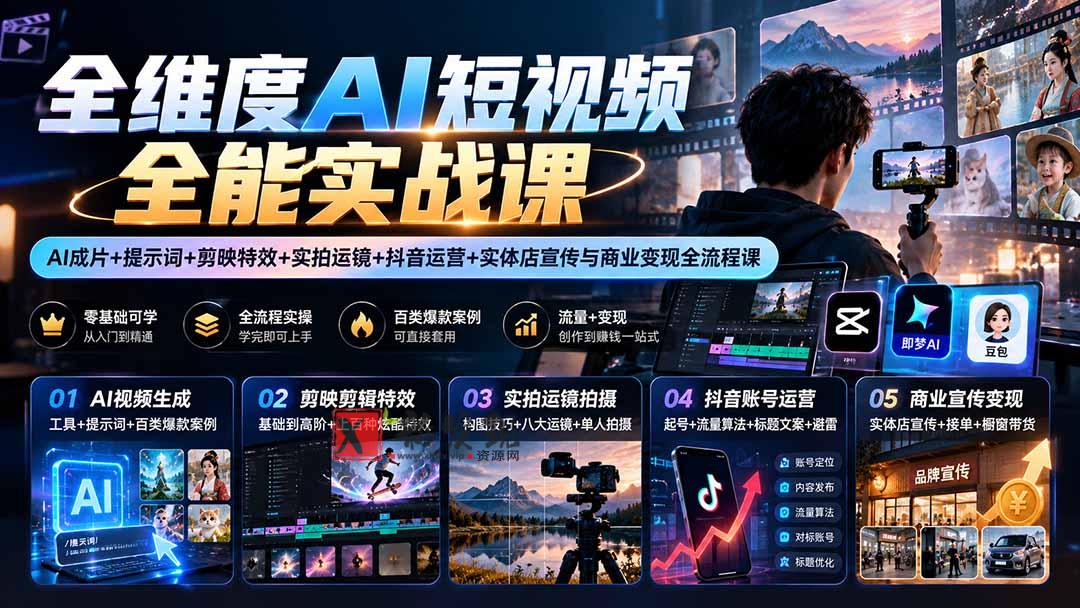 【无水印】全维度AI短视频全能实战课：AI成片+提示词+剪映特效+实拍运镜+抖音运营+实体店宣传与商业变现全流程课-新发现资源网