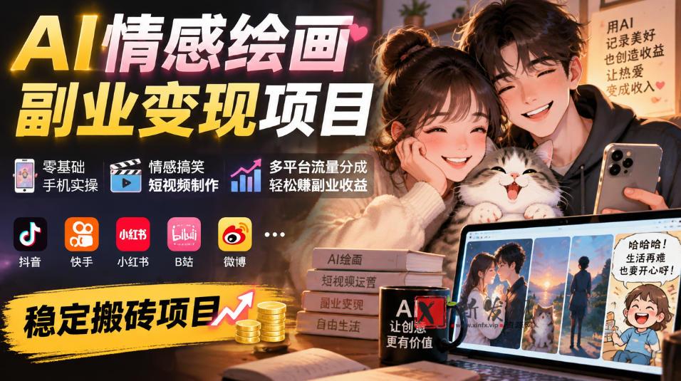 AI情感绘画副业变现项目｜零基础手机实操，情感搞笑短视频制作，多平台流量分成轻松賺副业收益-新发现资源网