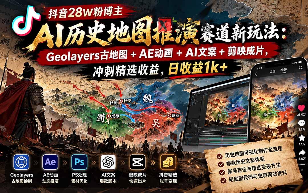 抖音28W粉博主AI历史地图推演赛道新玩法：Geolayers古地图+AE动画+AI文案+剪映成片，冲刺精选收益，日收益1k+-新发现资源网