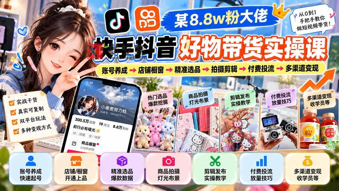 某8.8w粉大佬快手抖音好物带货实操课：账号养成→店铺橱窗→精准选品→拍摄剪辑→付费投流→多渠道变现-新发现资源网