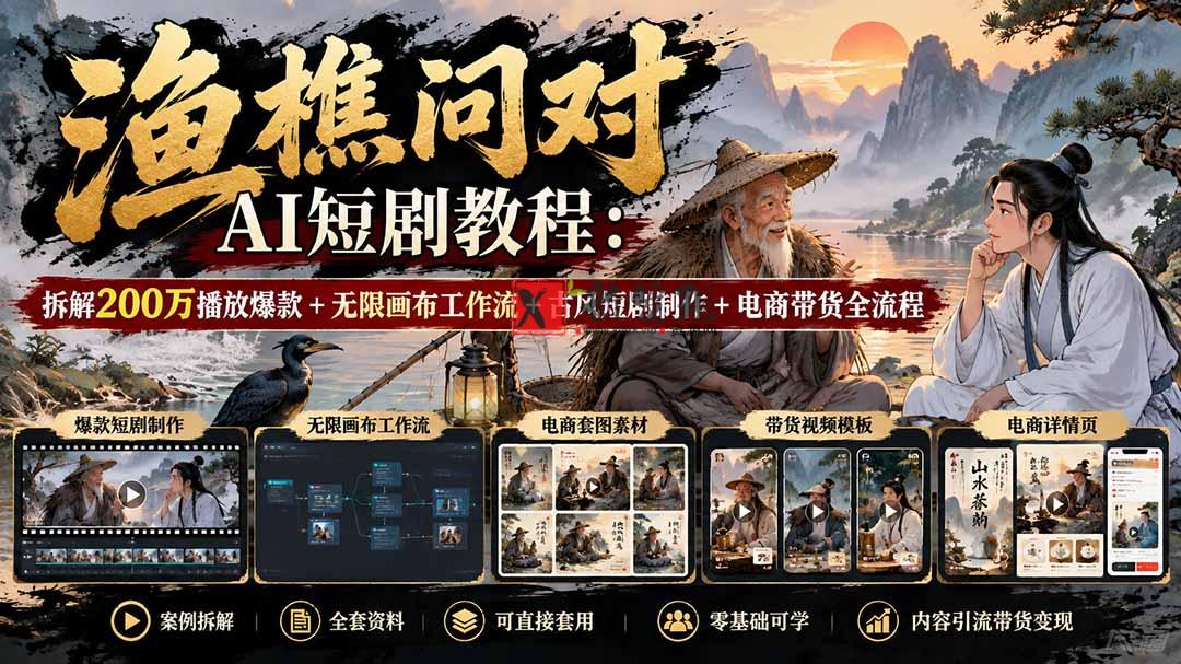 【无水印】渔樵问对AI短剧教程：拆解200万播放爆款+无限画布工作流+古风短剧制作+电商带货全流程-新发现资源网