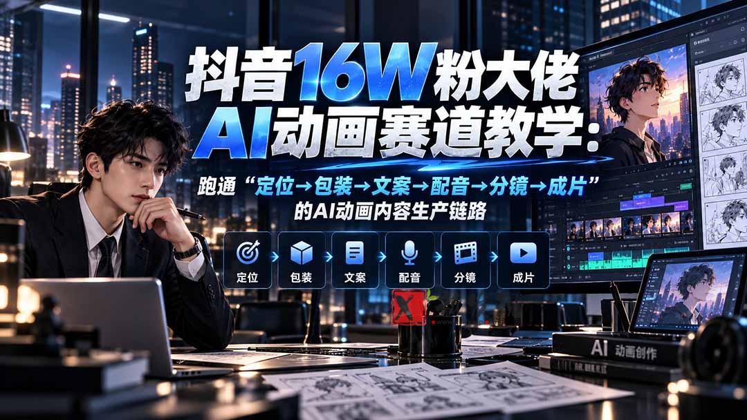 抖音16W粉大佬规则门禁AI动画赛道教学：跑通“定位→包装→文案→配音→分镜→成片”的AI动画内容生产链路-新发现资源网