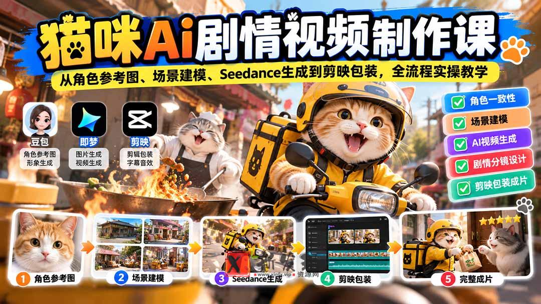 猫咪AI剧情视频制作课：从角色参考图、场景建模、Seedance生成到剪映包装，全流程实操教学-新发现资源网